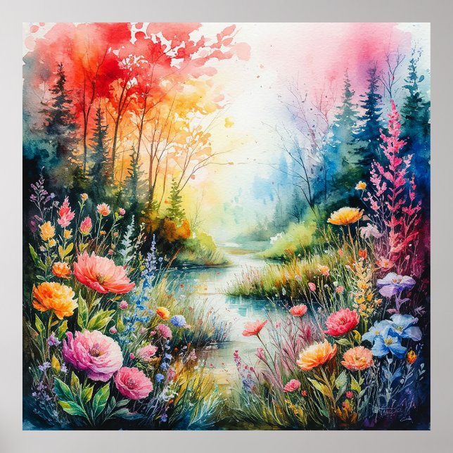 Färgrik blommande äng med en lugn ström poster (Framsidan)