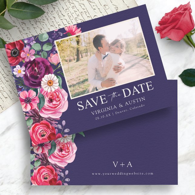 Färgrik Blommig Bild Spara Datumet (Colorful Floral Photo Save The Date Card Monogrammed by Painted Paperie
)