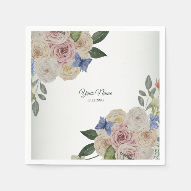 Färgrik Blommig Blå Fjäril Grön Bröllop Fest Pappersservett (Framsidan)
