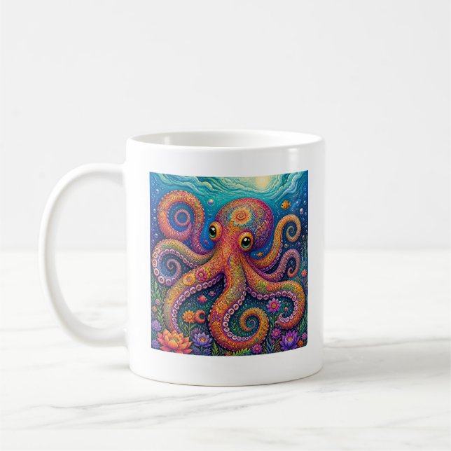 Färgrik Blommig Bläckfisk Undervattensfantasi Kons Kaffemugg (Vänster)