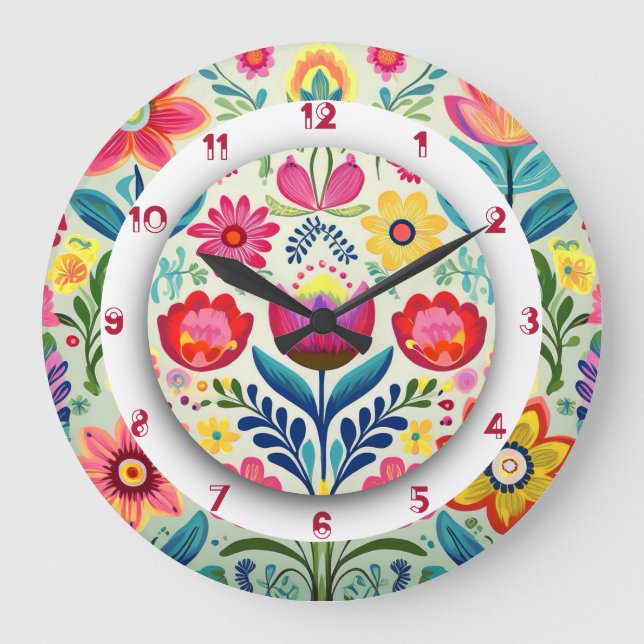 Färgrik Blommig Boho-målning två kronor  Stor Klocka (Framsida)