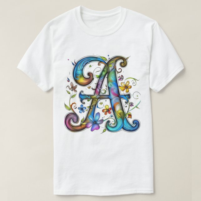 Färgrik Blommig Bokstav A – Konstnärlig Monogram A T Shirt (Design framsida)