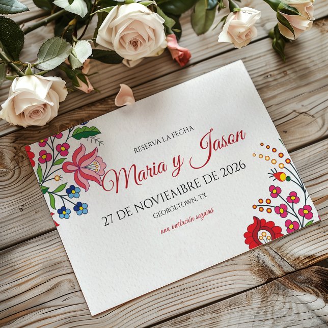 Färgrik Blommig Botanisk Modern Spansk Bröllop Spara Datumet (Colorful Floral Botanical Modern Spanish Wedding Save The Date)
