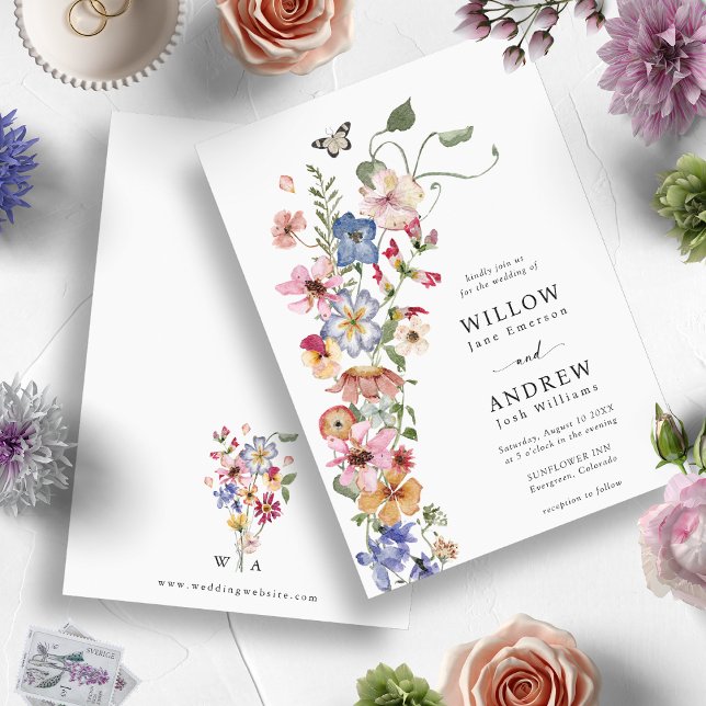 Färgrik Blommig Bröllop Inbjudningar (Watercolor Colorful Wildflower Wedding Invitation by Painted Paperie)