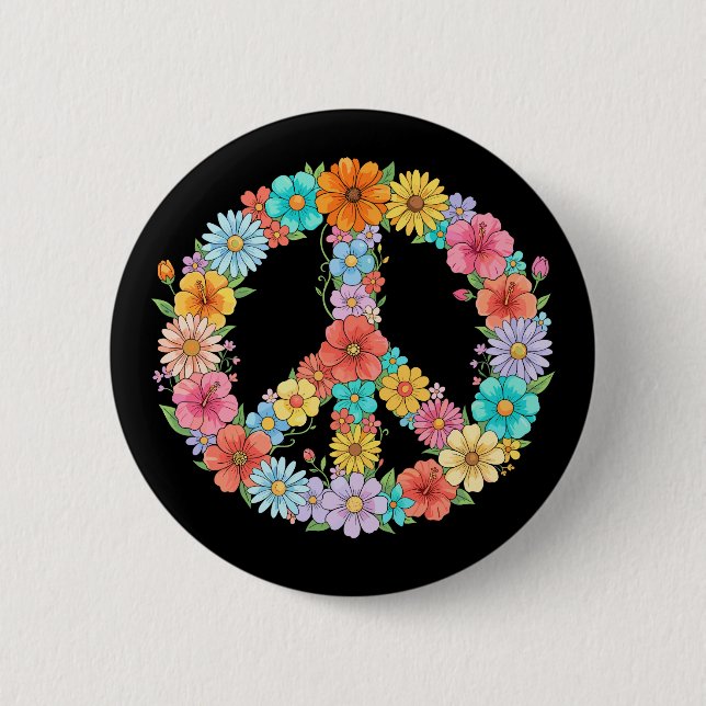 Färgrik Blommig Fredstecken Hippie Retro Blomma Knapp (Framsida)