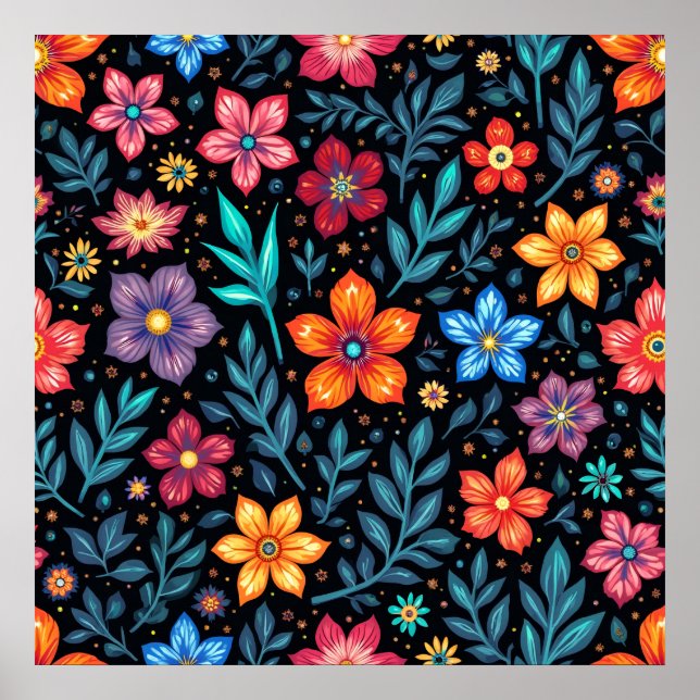 Färgrik Blommig Mönsterbakgrund Poster (Framsidan)