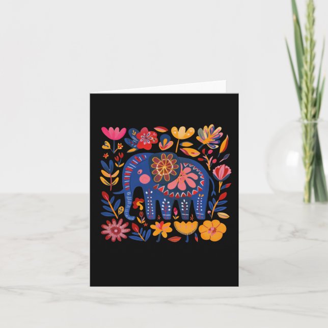 Färgrik Blommig Mönstrad Elefant Illustration Kort (Framsida)