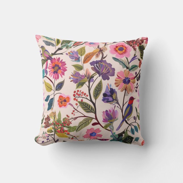 Färgrik blommig och fågelmönstrad kudde med naturl (Framsida)