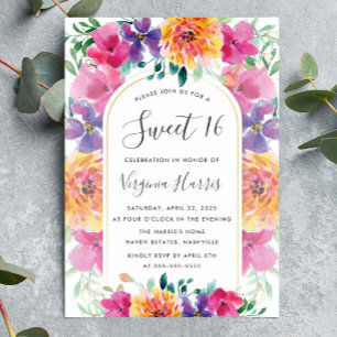 Färgrik Blommig Trädgård Sweet Sixteen 16 Födelsed Inbjudningar