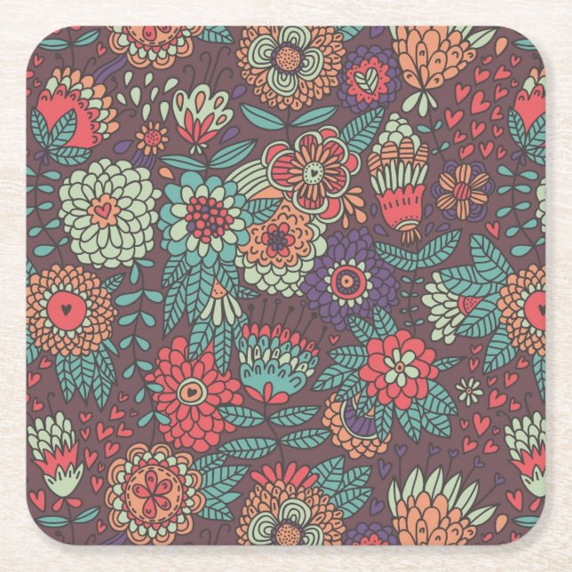 Färgrik blommönster i tecknadstil underlägg papper kvadrat (Framsidan)