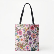 Färgrik blommönstrad toteväska med fåglar | Konstn
