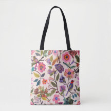Färgrik blommönstrad toteväska med fåglar | Konstn