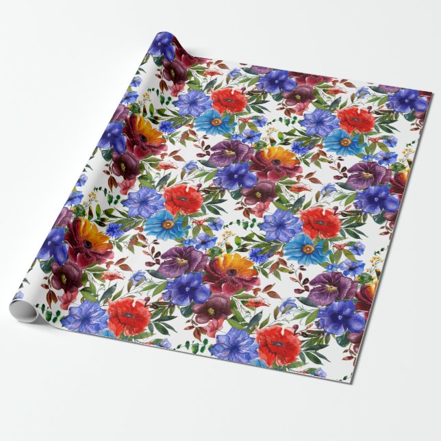 Färgrik Blommotiv i Vattenfärg Presentpapper (Utrullad)