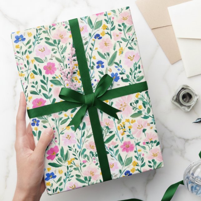 Färgrik Blomsterblomma  Presentpapper (colorful fun wildflower floral gift wrap with pink flowers and greenery)