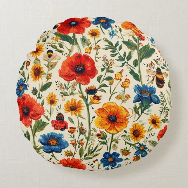 Färgrik blomsterdesign med bin rund kudde (Framsidan)
