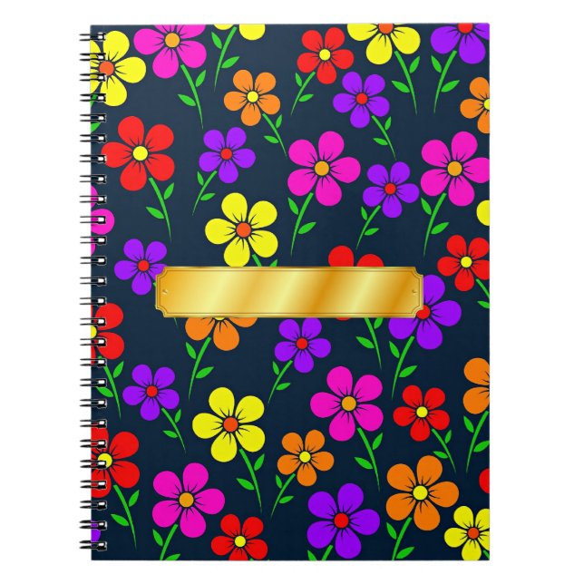 Färgrik blomsterdesign med guldetikett anteckningsbok (Framsidan)