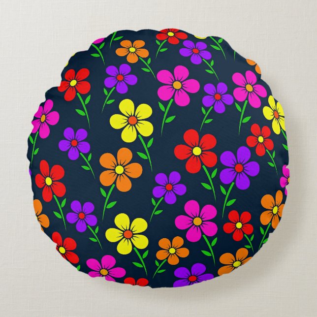 Färgrik blomsterdesign rund kudde (Framsidan)