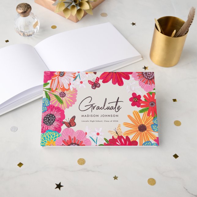 Färgrik blomsterinspirerad examensfest gästsignatu gästböcker (Framsida öppen)