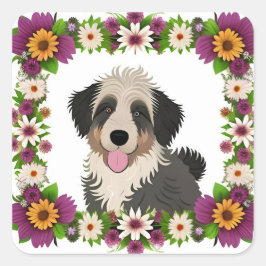 Färgrik blomsterkant med söt hundillustration fyrkantigt klistermärke