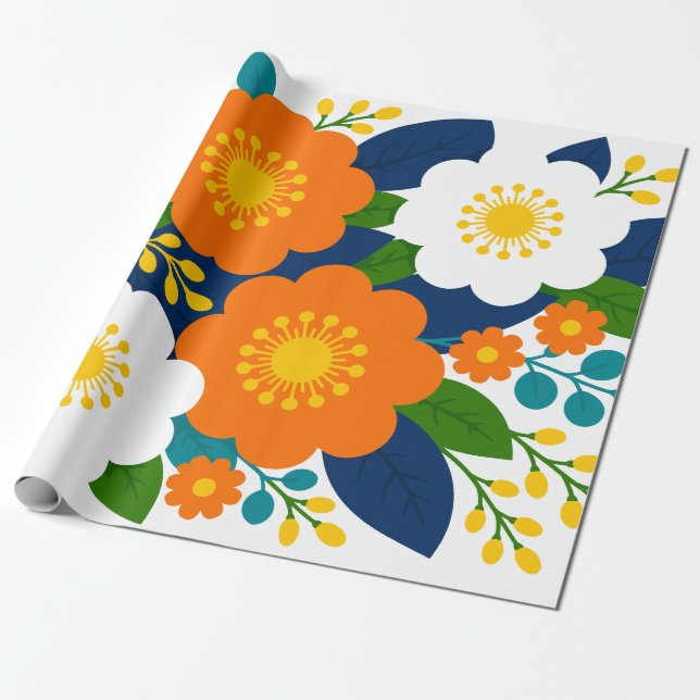 Färgrik blomsterkonst med orange och vita blommor presentpapper (Utrullad)