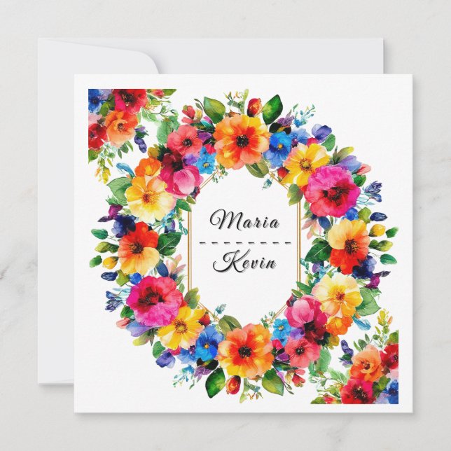 Färgrik blomsterkrans för bröllop inbjudningar (Framsida)
