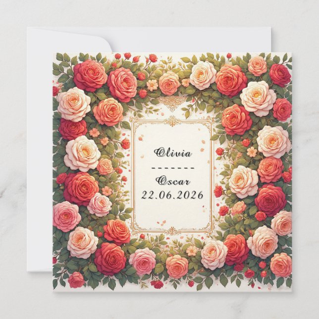 Färgrik blomsterkrans för bröllop inbjudningar (Framsida)