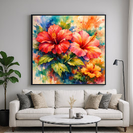 Färgrik blomstermålning i vattenfärg med hibiskusm poster