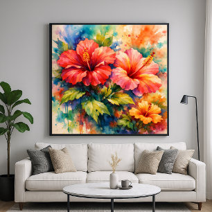 Färgrik blomstermålning i vattenfärg med hibiskusm poster
