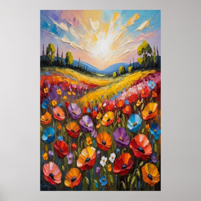 Färgrik blomstermålning på canvas, livfulla blommo poster (Framsidan)