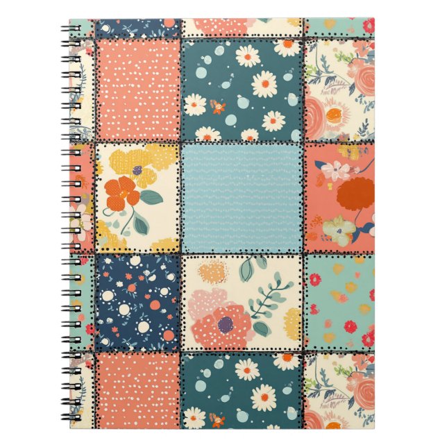 Färgrik blomsterpatchwork-quilt med lekfullt tryck anteckningsbok (Framsidan)