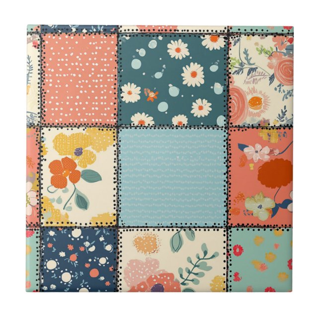 Färgrik blomsterpatchwork-quilt med lekfullt tryck kakelplatta (Framsidan)