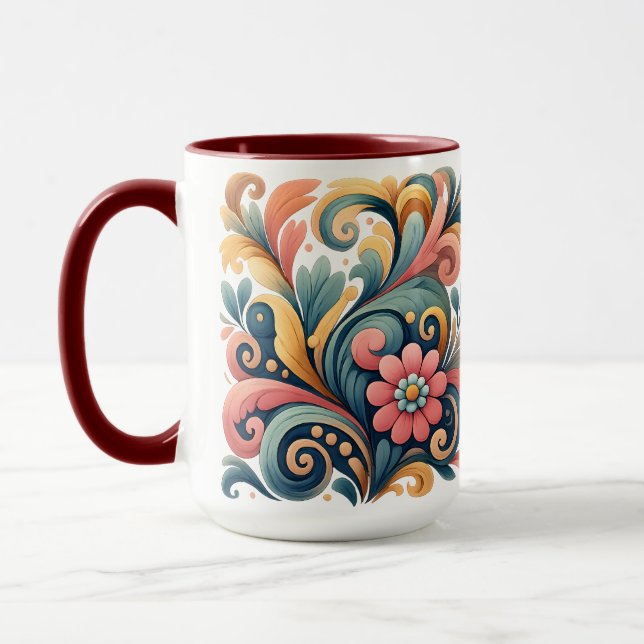 Färgrik blomsterrik folkkonst keramikkopp mugg (Vänster)