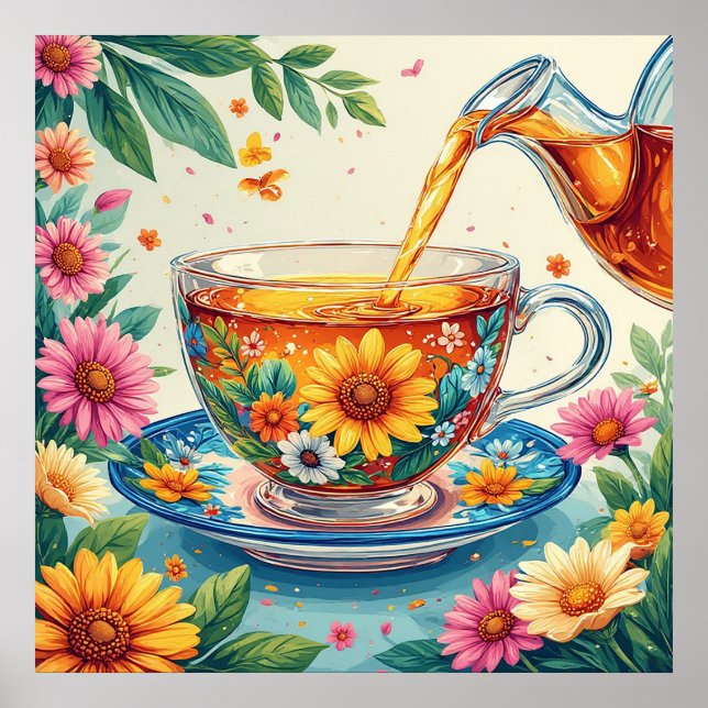 Färgrik blomsterte-kopp med örtete som hälls upp poster (Framsidan)