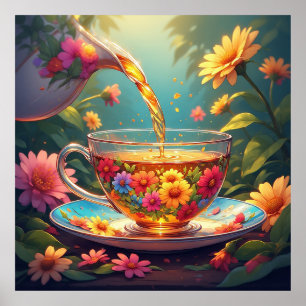 Färgrik blomsterte-kopp med örtete som hälls upp poster