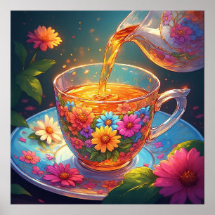 Färgrik blomsterteacup med rinnande örtete poster