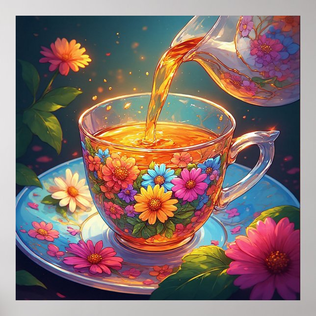 Färgrik blomsterteacup med rinnande örtete poster (Framsidan)