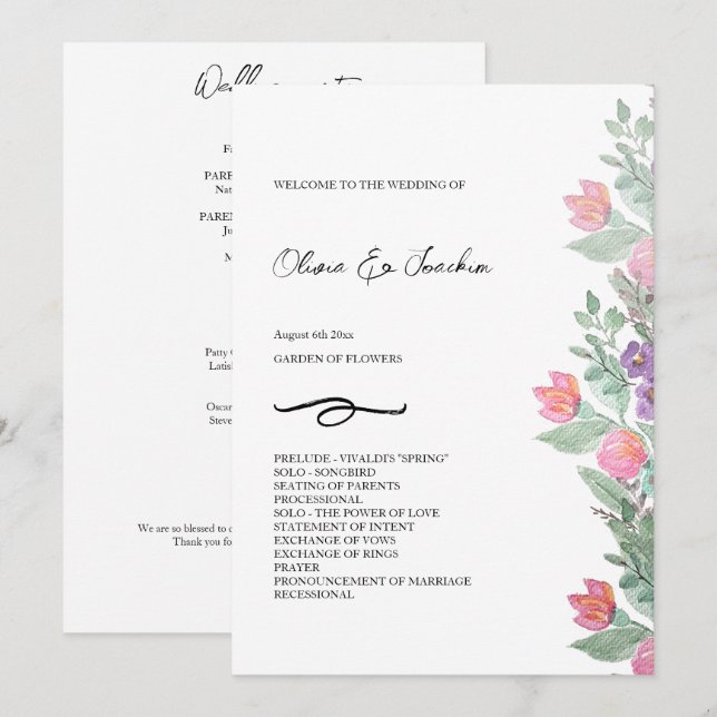 Färgrik blomsterträdgård akvarell handmålad program (Fram/baksida)