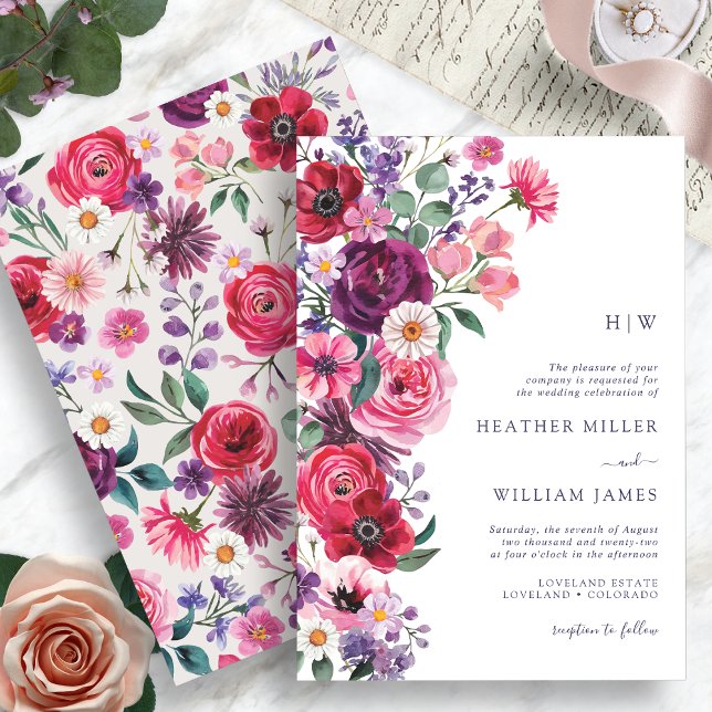 Färgrik Boho Blommig Bröllop Inbjudningar (Colorful Boho Floral Wedding Invitation Monogrammed by Painted Paperie
)