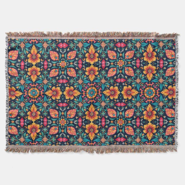 Färgrik Boho Blommig Mönster Elegant Symmetri Filt (Framsidan)