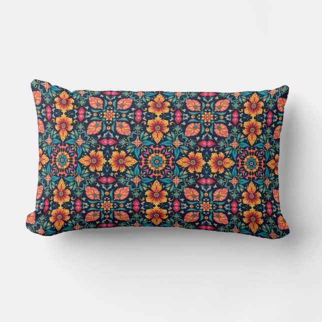 Färgrik Boho Blommig Mönster Elegant Symmetri Lumbarkudde (Framsida)