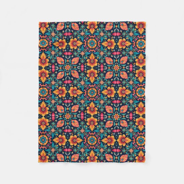 Färgrik Boho Blommönster Elegant Symmetri Fleecefilt (Framsidan)