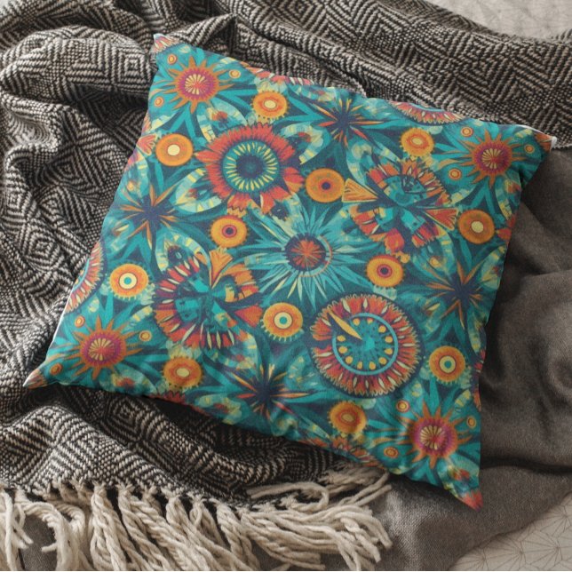 Färgrik Boho Bohemer Design Orange Teal Kudde (Skapare uppladdad)