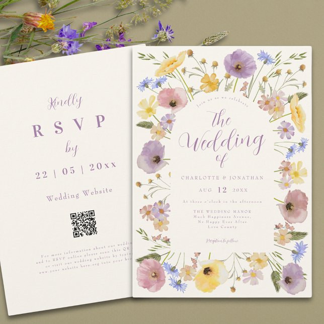 Färgrik Boho Vildblomma Bröllop Inbjudningar (Colorful boho wildflower elegant wedding invitation in pastel colors )