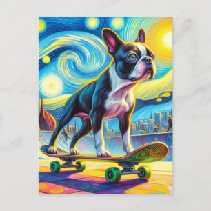 Färgrik Boston Terrier Skateboardåkande Van Gogh Vykort