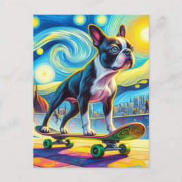 Färgrik Boston Terrier Skateboardåkande Van Gogh Vykort