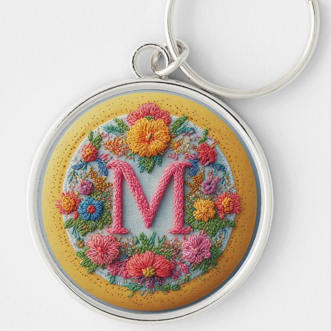 Färgrik Broderad Alfabet Design Rund Silverfärgad Nyckelring (Framsidan)