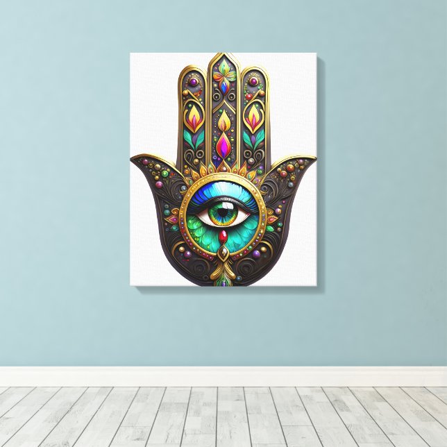 Färgrik Brun Guld Hamsa Regnbåge Färg Tredje Ögat Canvastryck (Insitu (trägolv))