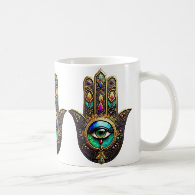 Färgrik Brun Guld Hamsa Regnbåge Färg Tredje Ögat Kaffemugg (Höger)