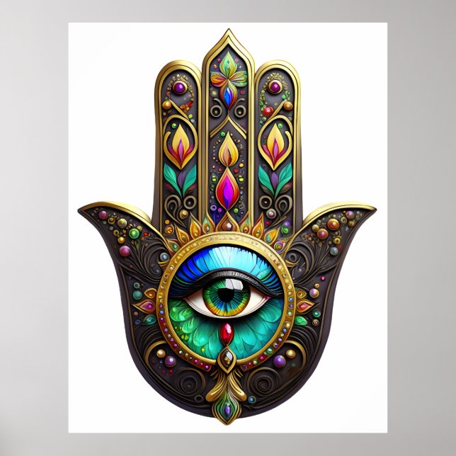 Färgrik Brun Guld Hamsa Regnbåge Tredje Ögat Poster (Framsidan)