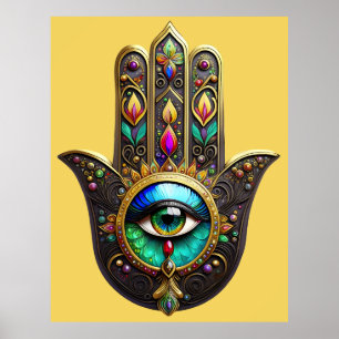 Färgrik Brun Guld Hamsa Regnbåge Tredje Ögat Poster